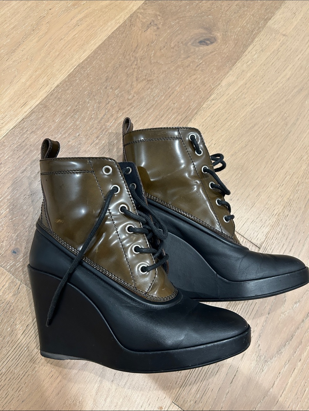 Balenciaga Olive Green and Black Lace-Up Wedge Ankle Boots